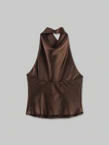YROOE Women's Minimalist Versatile Satin High Neck Camisole, Spring/Summer - Coffee Brown - View 2