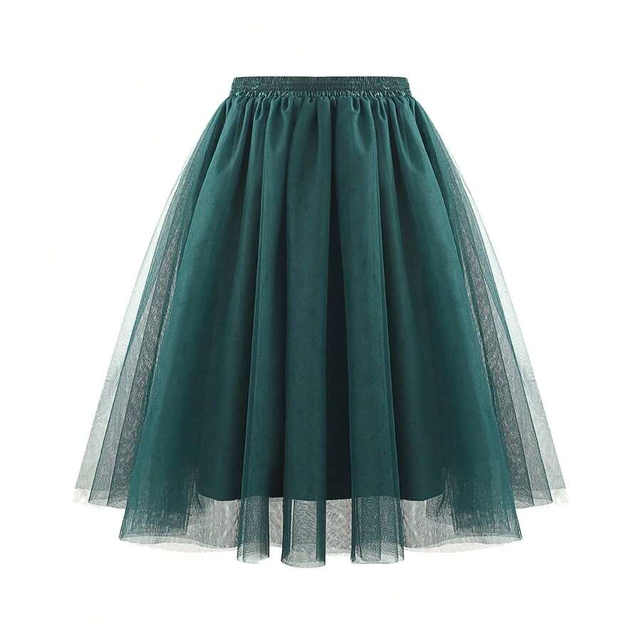 Falda tutú para mujer, falda Retro de los años 50, fiesta de tul, enagua Rockabilly de Ballet, vestido de baile, falda de malla para Cosplay - Verde Oscuro - Ver 1