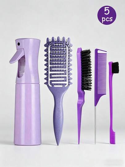 Set de 3 piezas/5 piezas Cepillo de pelo con onda de ocio y botella rociadora, herramientas de peinado, mango de plástico ABS, diseño hueco, duradero, adecuado para uso diario, peinado regular