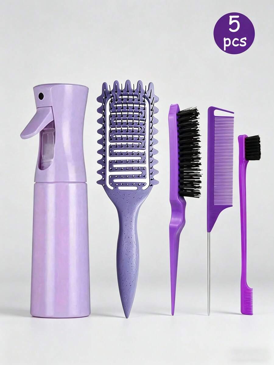 Set de 3 piezas/5 piezas Cepillo de pelo con onda de ocio y botella rociadora, herramientas de peinado, mango de plástico ABS, diseño hueco, duradero, adecuado para uso diario, peinado regular - Multicolor - Ver 1