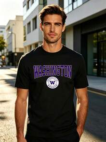 Men's University Of Washington Crop Top, Black T-Shirt With Purple "WASHINGTON" & UW Logo Print, Ideal For College Game Days, Campus Events, Daily Casual Wear, Huskies Fan Apparel - màu đen - Xem 2