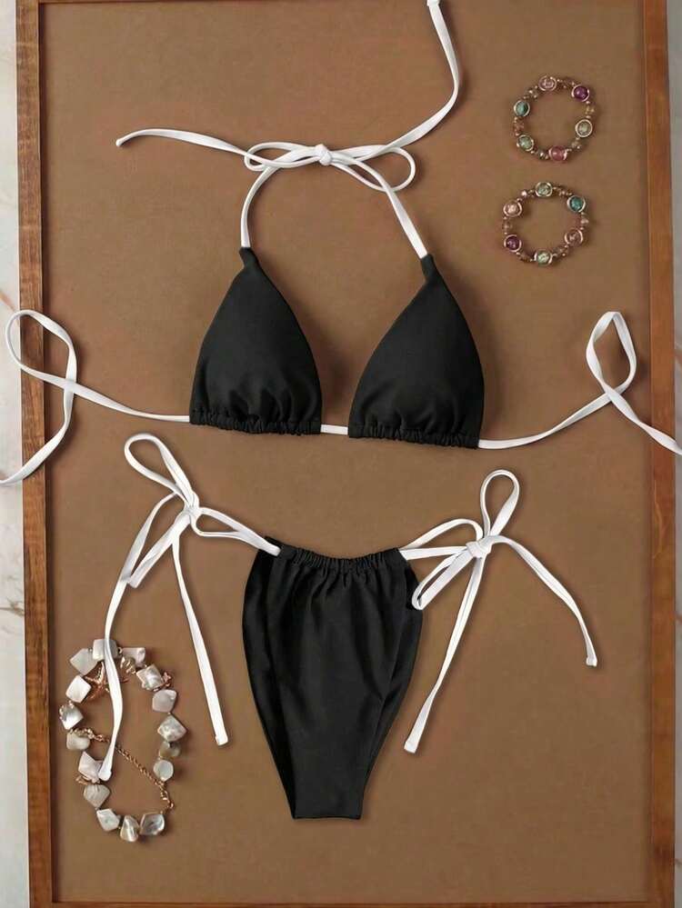 2026 Purple & White Plaid Spaghetti Strap Tie Bikini, Sweet & Sexy 2-Piece Set Suitable For Romantic Vacation, Beach In Summer, Women's Birthday Outfit, Women's Fitness Wear, Women's Elegant Dress, Women's Vacation Outfit, Women's Casual Top - Black and White - View 3