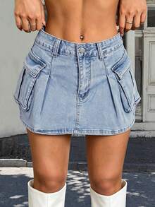 Chân váy bút chì mini bằng denim co giãn ôm sát theo phong cách đường phố Y2K với túi nắp tiện dụng, kiểu dáng thường ngày. - Màu xanh lam - Xem 1