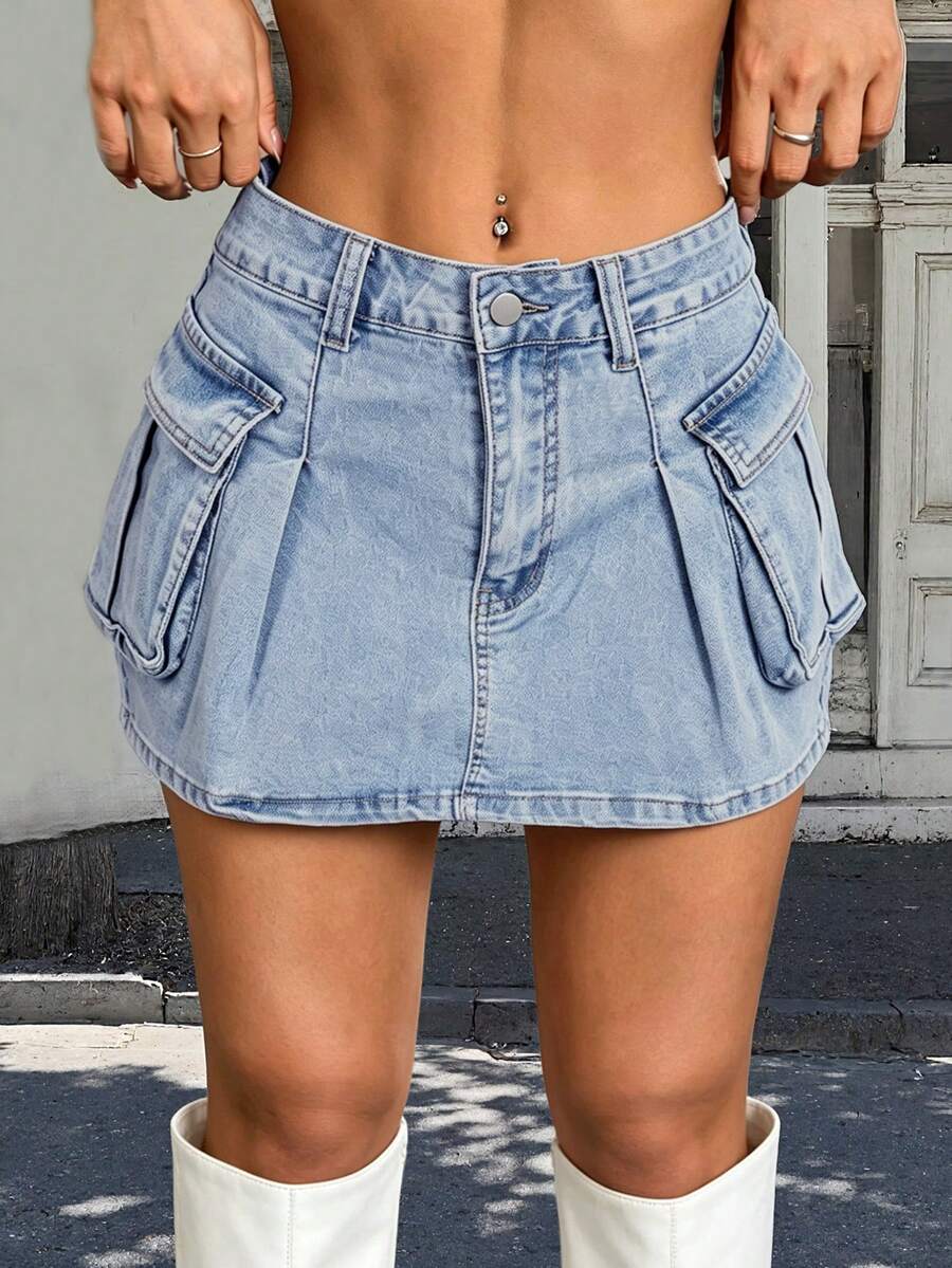 Chân váy bút chì mini bằng denim co giãn ôm sát theo phong cách đường phố Y2K với túi nắp tiện dụng, kiểu dáng thường ngày. - Màu xanh lam - Xem 1