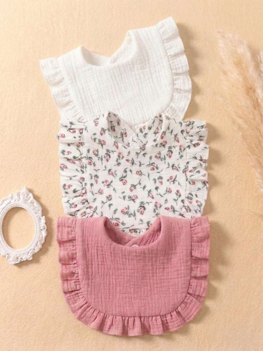 3pcs Newborn Floral Muslin Bibs, Soft & Skin-Friendly Baby Drool Bibs With Ruffled Edge, Suitable For Daily Use In All Seasons - Multicolor - View 1