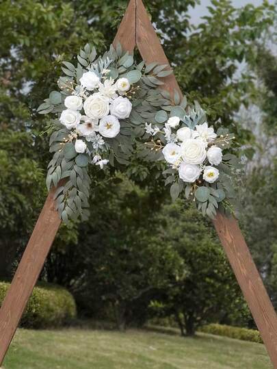 2pcs Classic Floral Pendant - Made With Artificial Pure White Rose And Plastic Green Leaves, Suitable For Wedding Arch, Wedding Venue Decor, And Home Decoration, Can Be Used For Weddings, Birthdays, Bachelorette Parties, Engagements, Anniversaries, Mother's Day, Halloween, Thanksgiving, Valentine's Day And Other Occasions