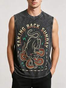 Men's Y2K Vintage Distressed Charcoal Gray Sleeveless Tank Top - Official TAKING BACK SUNDAY Rock Band Graphic Tee​ Featuring Dynamic Black Panth Er Pouncing On Snakes, Encircled By Razor Wire & Green Lightning, 100% Cotton Super Soft & Breathable, Emo Rock Streetwear Gift VS003-A - 黑色 - 查看 3