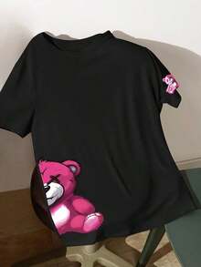 Unisex Size. Women's Plus Size Summer Cotton T-Shirt. 1PSCUnity Comfortable Short Sleeve T-Shirt With Digital Skull Bear Print, Sexy Front Design, Suitable For Home, Summer. Sweat-Absorbing, Soft, And Skin-Friendly Material. - 黑色 3 - 查看 4
