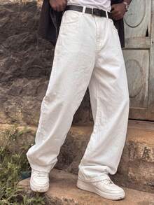 Y2K Retro Style Men's Black Vintage Washed Loose Straight Leg Jeans, Perfect Gift For Husband Or Boyfriend - White - View 3