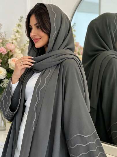 1pc Delicate Embroidered Breathable Hijab + Open Abaya, Comfortable Fabric, Suitable For Muslim Women's Daily Wear, Spring/Summer/Autumn
