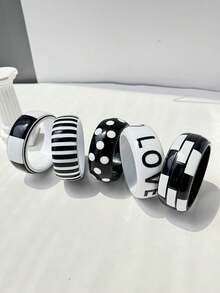 1pc Retro Casual Black & White Striped Polka Dot Geometric Wide Bracelet, Y2K Minimalist Millennium Style Jewelry, Fashionable Casual Women Accessory - Multicolor - View 4