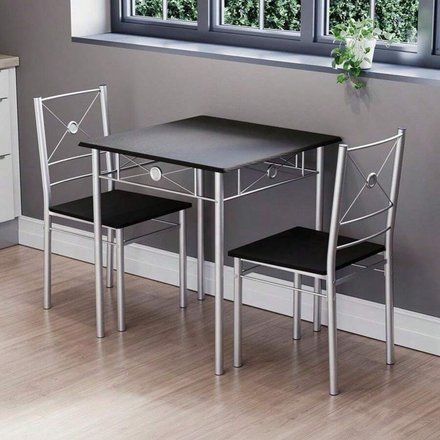 Dining Kitchen Table And Chairs 2 Seater Dining Room Set, 2 Seater Dining Chairs With Elegant Table Compact Wood Steel Frame Dining Kitchen Furniture - Black - View 1