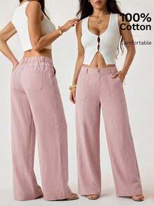 PETITE Pantalones rectos de cintura baja de 100% algodón lavado, pantalones de lino para mujer, pantalones de verano, pantalones anchos de mujer, pantalones de verano, otoño y ropa de otoño para mujer - Rosa vieja - Ver 2