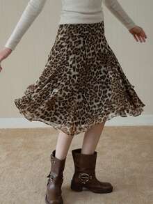 Rok A-Line Longgar Motif Leopard Terbaru, Rok Kasual dengan Hem Bergelombang untuk Wanita, Musim Semi & Gugur - Khaki - View 10