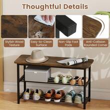GOFLAME 3-Tier Shoe Rack With Bench, 80cm Freestanding Boot Organizer With Metal Slat Shelves & Wooden Seat, Rustic Shoe Storage For Entryway, Bedroom & Mudroom - Brown - View 4
