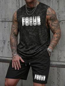Men's Casual Set: Crew Neck Washed Tank Top And Drawstring Shorts - Black - View 1