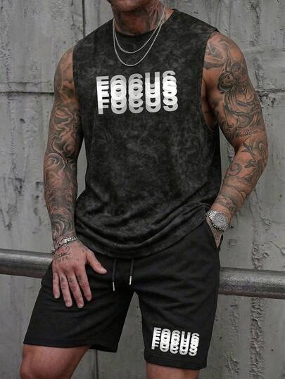 Men's Casual Set: Crew Neck Washed Tank Top And Drawstring Shorts