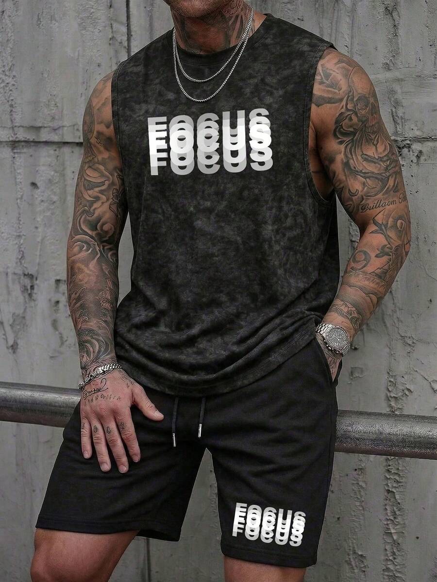 Men's Casual Set: Crew Neck Washed Tank Top And Drawstring Shorts - Black - View 1