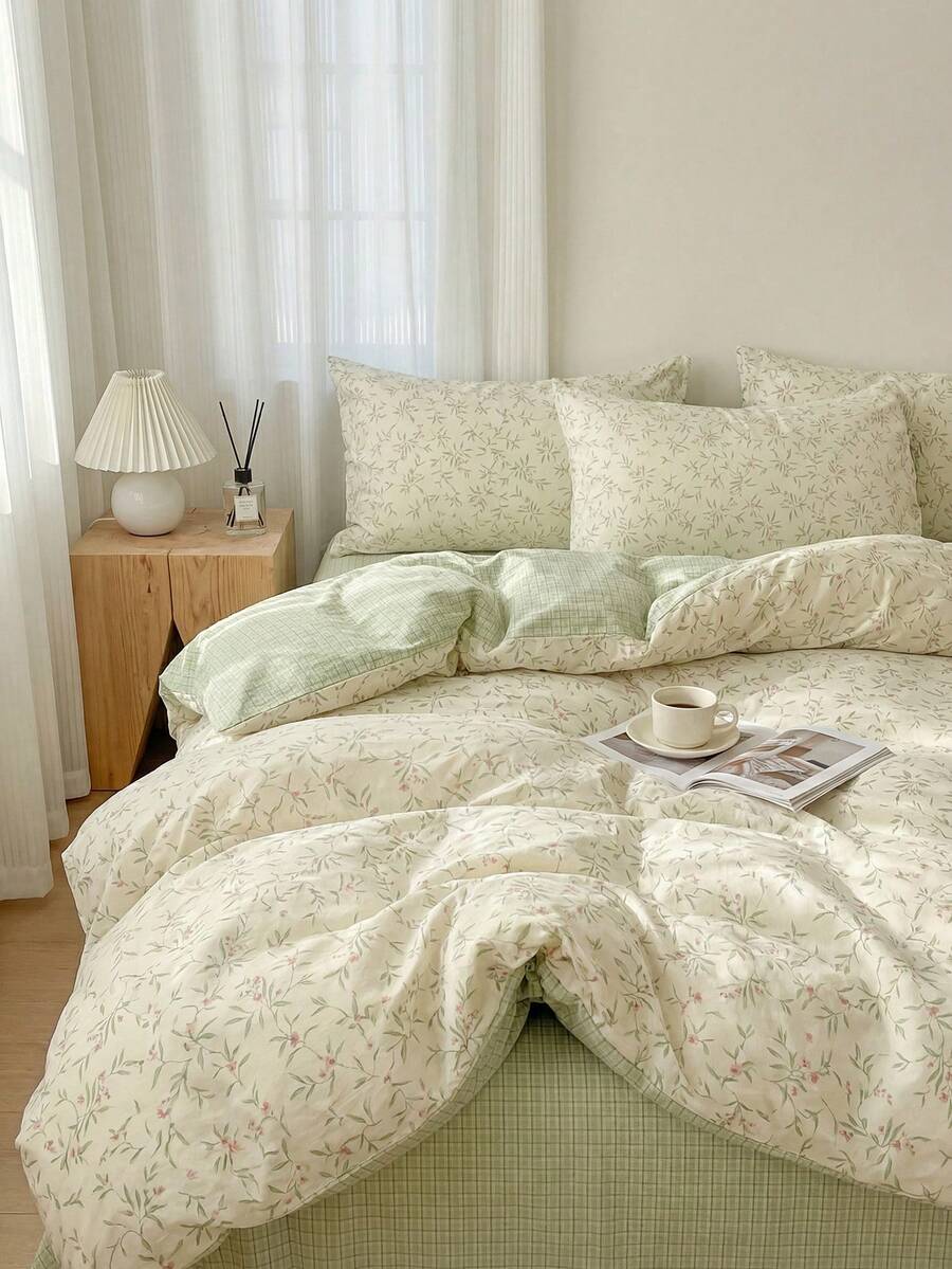 3pcs 100% Polyester 2026 Spring Floral Series, Fresh AB Design Green Floral Duvet Cover Set, 2 Bowknot Pillowcases + 1 Duvet Cover Set, Suitable For Bedroom All Seasons (Excluding Comforter)