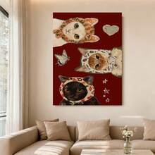Con marco Póster de Pared de Gato en 2D Plano, 1 Pieza Enmarcado - Pintura Moderna en Lienzo Envolvente Vertical con Fondo Rojo y Gatos con Pañuelo, Decoración Colgante Adecuada para Dormitorio, Cocina, Oficina - Decoración de Invierno/Primavera, Lienzo de Tinta - Enmarcado - Ver 5