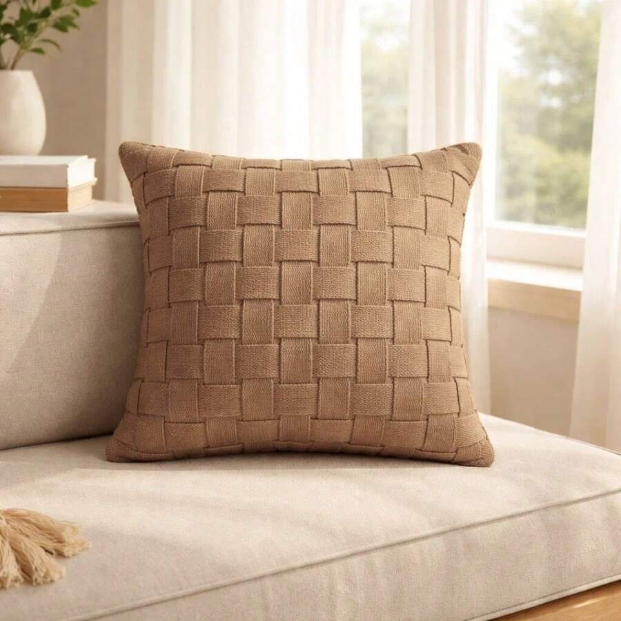 Decorative Cushion Cover In Woven Cotton Ribbon – Rustic Style – 45cm X 45cm - Chocolate Brown - View 1