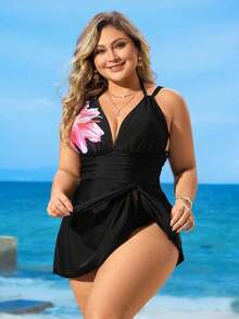 Plus Size Women 2Pcs/Set V-Neck Spaghetti Strap Printed Tankini Top And Bottoms Swimsuit For Summer Beach Vacation - Multicolor 6 - Ver 11