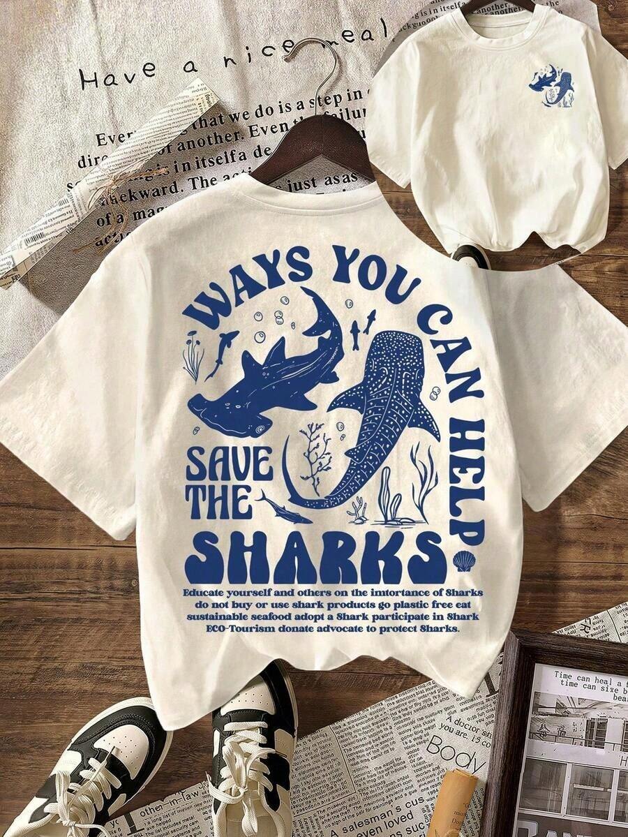 Camiseta casual de mujer de cuello redondo y manga corta con diseño de tiburón que protege el océano, color blanco para verano - Azul y blanco - Ver 1