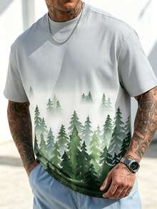 Men's Colorblock Forest Print Round Neck Short Sleeve Casual T-Shirt, Versatile Daily Wear For Summer - Multicolor - View 1