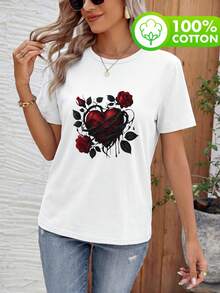 Áo thun nữ cổ tròn tay ngắn bằng chất liệu cotton nguyên chất, kiểu dáng thoải mái, dễ mặc. Họa tiết in hình trái tim phủ gai, thích hợp cho đi làm, đi học và những buổi đi chơi thường ngày vào mùa xuân, hè và thu. Màu trắng. - trắng - Xem 3