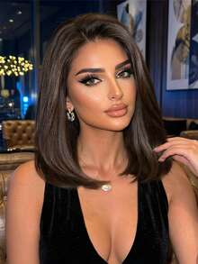 Peluca Bobo de alta definición con encaje de 13*4 pulgadas, color marrón oscuro, de 14 pulgadas, peluca para mujer, peluca sintética resistente al calor que muestra elegantemente el encanto natural, adecuada para vacaciones, viajes, fiestas, cosplay, festivales de música, uso diario, lista para usar. - Dark Brown - Ver 3