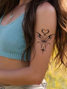 1 pieza Pegatina con diseño de corazón, estrella y tatuaje temporal de tótem de mariposa, adecuado para brazos, abdomen y piernas, no reflectante, tatuaje realista, adecuado para personas, para uso diario, dura 3-5 días - Negro - Ver 5