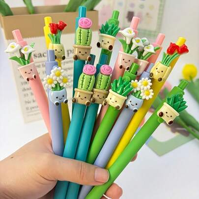 5/10pcs Creative Plant Themed Retractable Ballpoint Pens, Cute Floral Quick-Drying Pens, Office & Writing Supplies, Suitable For School, Classroom Rewards, Holiday Gifts, High-Quality Gift Pens