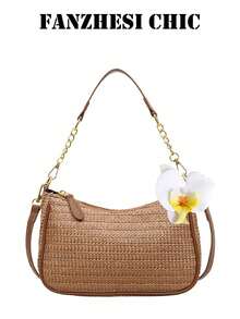 Brown Solid Color Women's Handbag With Yellow Faux Flower Pendant Decor. Features One Shoulder Strap Design, Woven Hollow-Out Design, Crescent-Shaped Silhouette, Smooth Metal Zipper Closure At Top, Single Handle And Adjustable Long Shoulder Strap. Can Be Worn As Shoulder Bag, Crossbody Or Handheld. Suitable For Women's Party, Travel, Business Trip, Daily Commute And Other Occasions, Versatile And Fashionable. - Brown - View 3