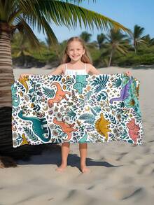 1pc Cartoon Dinosaur & Leaf Print Children's Beach Towel, Super Absorbent Large Beach Blanket, Suitable For Beach, Pool, Travel, Camping, Yoga, Available In Multiple Sizes - Multicolor - View 9