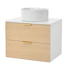 60cm Wall-Hung Bathroom Vanity Unit With Round Ceramic Sink, Drawer Fronts With Wood Look And Simple Stripe Design, High Quality MDF Board, Large Storage Capacity: 2 Drawers + Countertop. - 自然色 - 查看 7