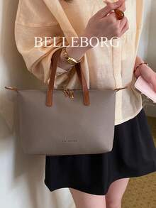 Bolso de mano grande, ligero y minimalista con textura de lichi para mujer - Gris - Ver 8