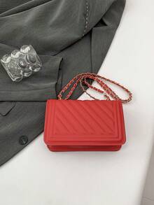 Hevel, nueva bolsa de hombro mini de moda de unicolor con relieve de PU, bolso bandolera de calle, bolso cuadrado pequeño minimalista de mujer con cadena - Rojo - Ver 9