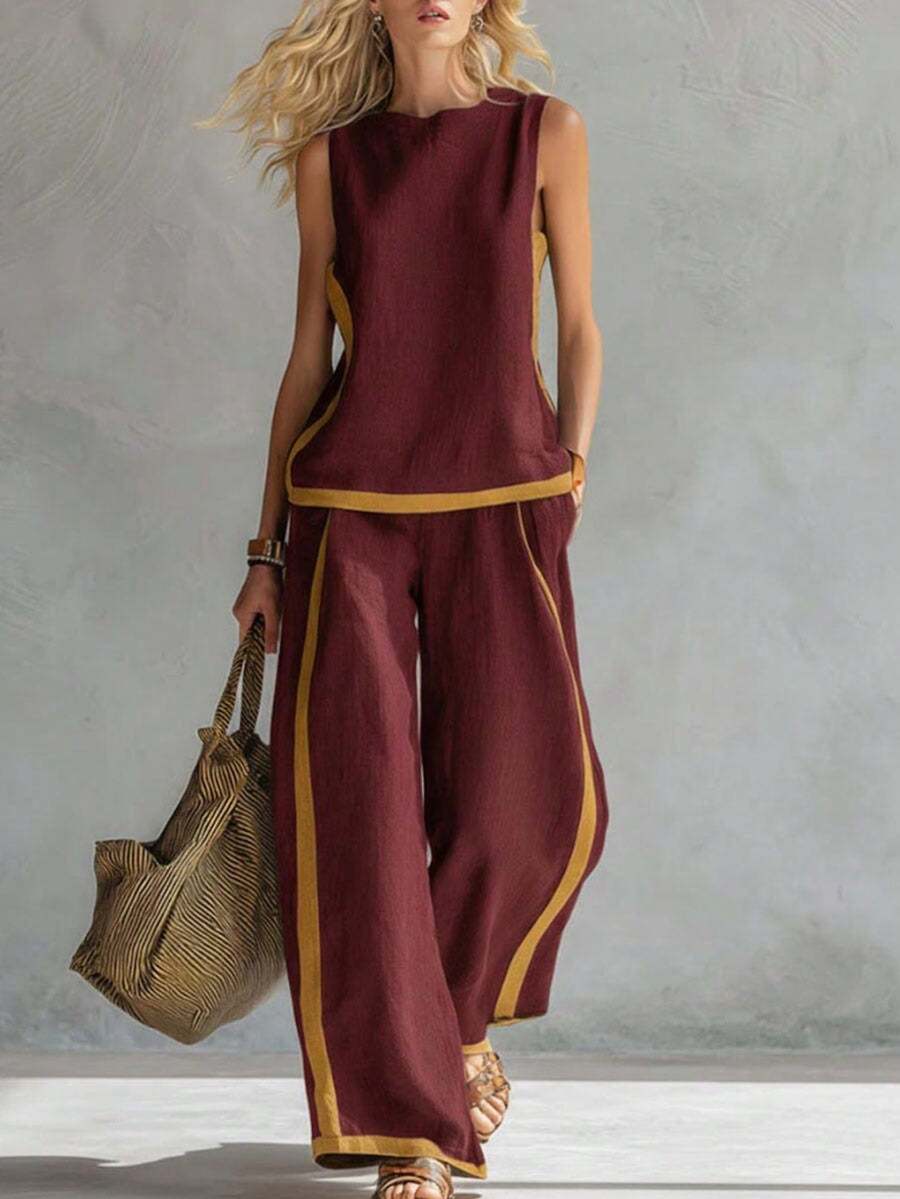 Vest Set With Contrasting Sleeves And Wide-Leg Trousers - 深紅色 - 查看 1