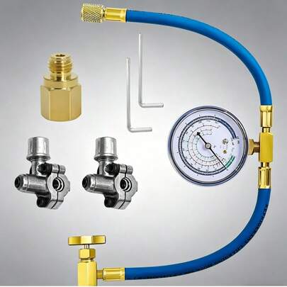 Refrigerator Freon Recharge Kit, AC Recharge Kit, R134a/R-12/R-22 Refrigerant Charging Gauge Hose Set With BPV31 Bullet Piercing Tap Valve For Home A/C Refrigerant System