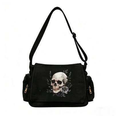 Bolso bandolera con estampado de calavera y rosa en acuarela oscura, bolso de lona de gran capacidad y resistente, de moda para el uso diario, estudiantes y trabajadores de oficina