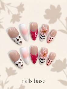 NAILS BASE 10片/組 粉色杏仁形長款法式漸層漸變假指甲，附玫瑰紅花朵，杏仁形甲片，適合辦公場合的中性華麗風，日式手工 P - 彩色 - 查看 4
