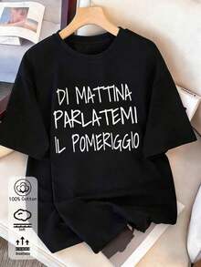 -Women's Shirt, 100% Cotton, White, Short Sleeves, With Italian Slogan Print, Size, New Style For Spring/Summer/Autumn/Winter, Women's Sportswear, Sof - 黑色 6 - 查看 10