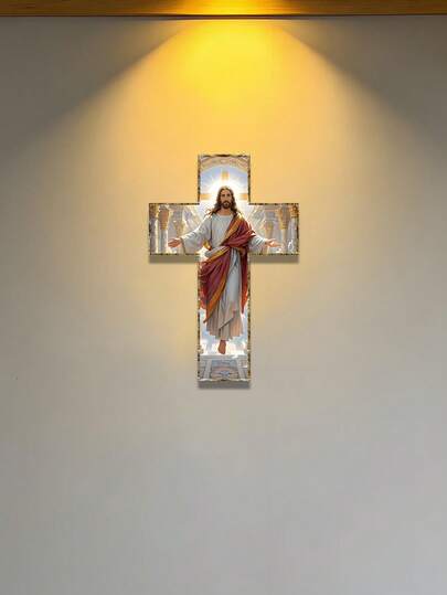 1 pieza Decoración de pared de metal 2D vintage y colorida, adorno colgante de estilo iglesia para sala de estar, entrada, decoración de Jesús para dormitorio y baño, regalo para recuerdo de la iglesia