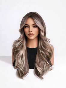 Tóc giả dài 18 inch, màu ombre nâu sang vàng tro, gợn sóng, rẽ ngôi giữa, chất liệu tổng hợp chịu nhiệt, kiểu tóc giả tự nhiên dành cho nữ, thích hợp cho tiệc tùng, cosplay hàng ngày. - Màu nâu ombre - Xem 5