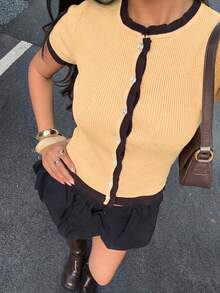 2026 Spring/Summer New Women's Light Yellow And Coffee Color Short Sleeve Round Neck Contrast Lace Knit Cardigan, Minimalist Button Design, Ribbed Texture, Essential For Back To School Season - Light Yellow Blended With Dark Coffee - View 3