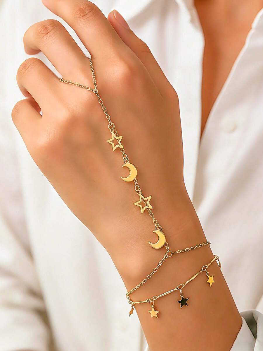 两件套时尚优雅星月流苏戒指手链套装，叠戴设计，适合女性佩戴，可用于节日、日常佩戴、约会和拍照。手工制作，链长和流苏数量可能略有不同。 - 金黃色 - 查看 1