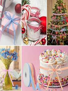 2pcs/1roll Red & White Plaid Ribbon, Valentine's Day Bow Ribbon, Plaid Fabric Craft, Plaid Ribbon Roll Can Be Used For Valentine's Day Party Decoration, Holiday Gift Wrapping, Craft Hair Accessories, Gifts For Lovers And Friends, A Simple Yet Atmospheric Creative Gift. - Xanh và Trắng - Xem 5
