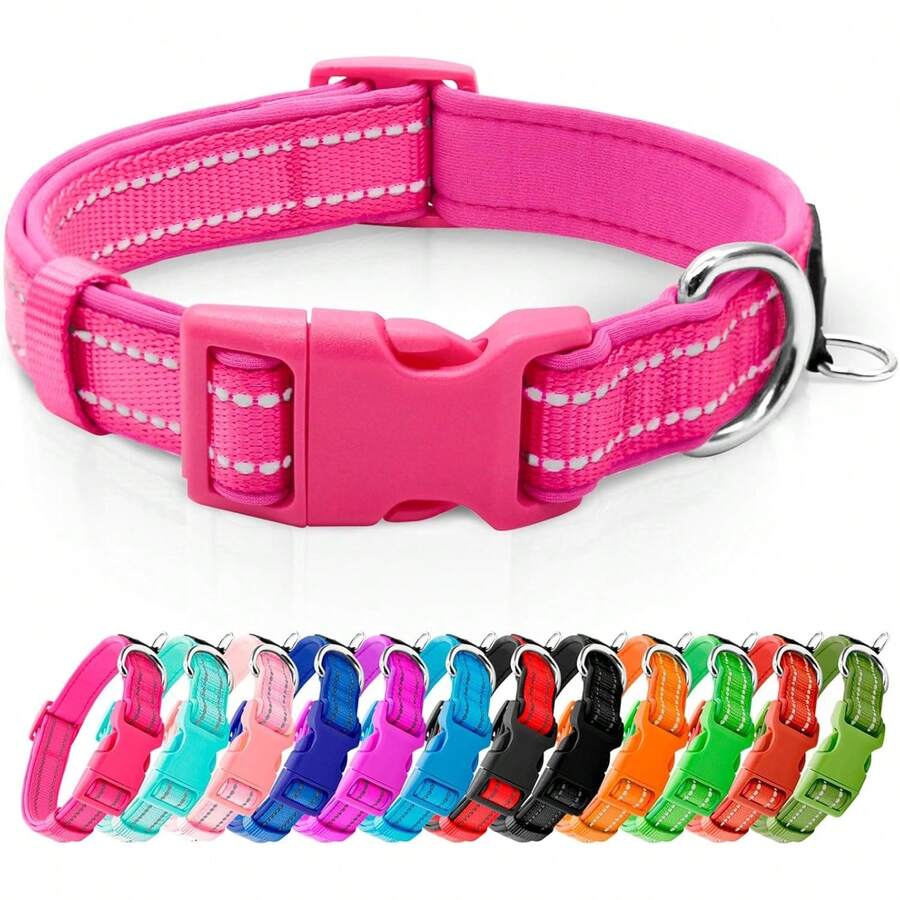 Reflective Dog Collar,Soft Neoprene Padded Pet Collar With ID Tag Ring,Adjustable For Small Dogs,Hot Pink,S - Red - View 1