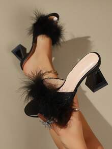 2026 New Lace Vamp Fluffy Decor High Heels, Hollow Heels, Comfortable Breathable High Heels Suitable For All Occasions - Black - View 2