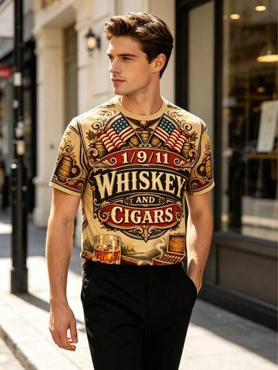 Vintage American Whiskey & Cigar Print Short Sleeve T-Shirt, European And American National Flag Baroque Pattern Luxury Gentleman Casual Round Neck Tee, Retro Western Alcohol & Smoke Print Luxury Emblem Streetwear Men's Summer Short Sleeve Top, Retro American Gentleman Men's Top, National Flag Barrel Pattern High-End Urban Versatile Men's Short Sleeve T-Shirt